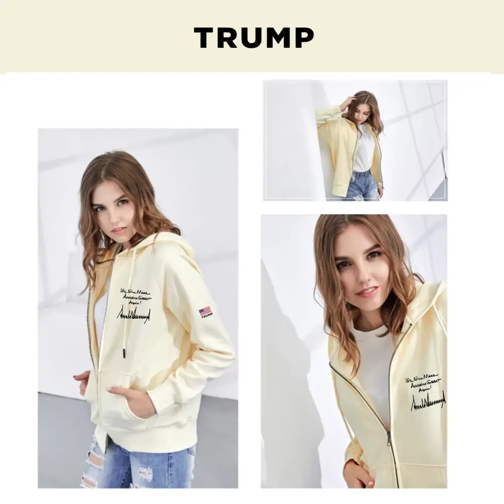 TRUMP大統領手書き文字ロゴジップアップパーカー[MGZH-002][ベージュ] - 画像 (2)