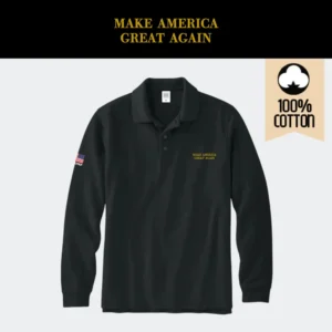 [MAGA 2025]刺繍ロゴ コットン100%ポロシャツ[長袖][黒/金[PLMG-01]