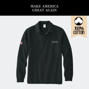 [MAGA 2025]刺繍ロゴ コットン100%ポロシャツ[長袖][黒/シルバーホワイト][PLMG-01]