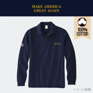 [MAGA 2025]刺繍ロゴ コットン100%ポロシャツ[長袖][ネイビー/金][PLMG-01]