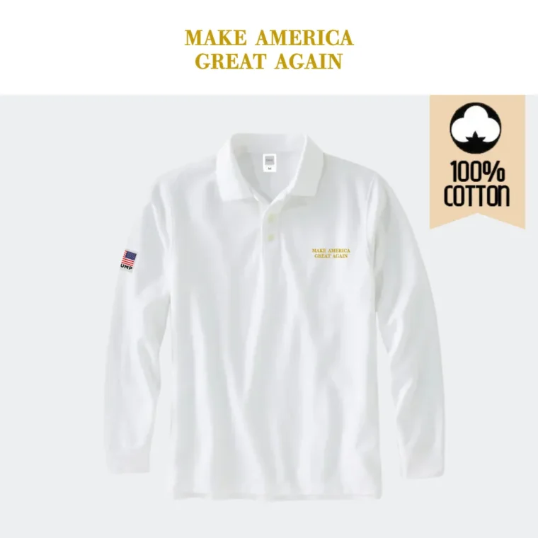 [MAGA 2025]刺繍ロゴ コットン100%ポロシャツ[長袖][白/金][PLMG-01]