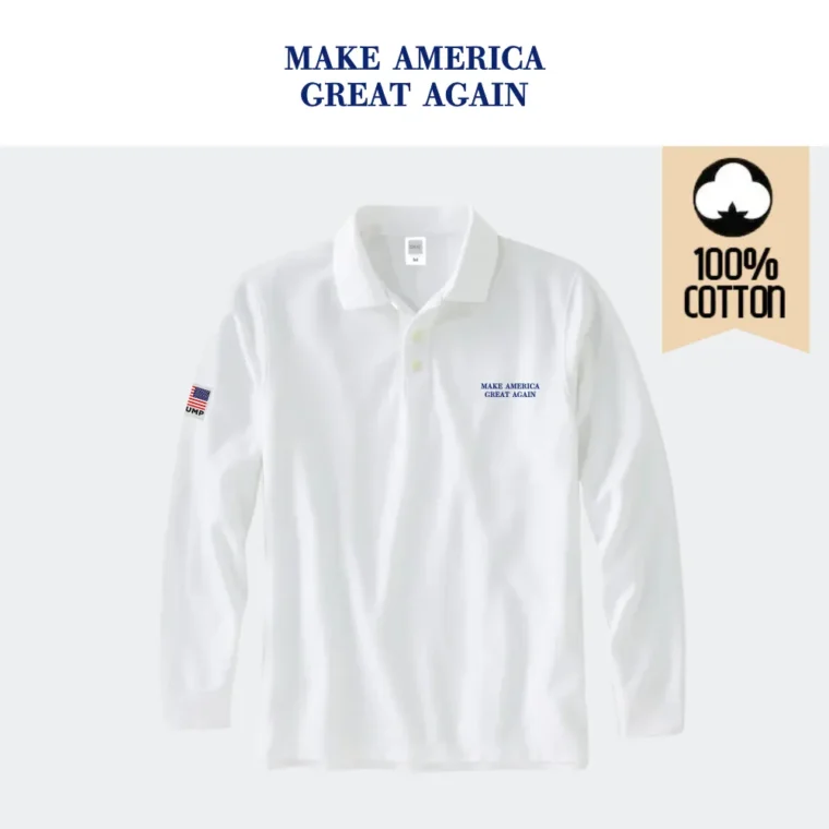 [MAGA 2025]刺繍ロゴ コットン100%ポロシャツ[長袖][白/青][PLMG-01]