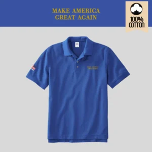 [MAGA 2025]刺繍ロゴ コットン100%ポロシャツ[半袖][青/金][PSMG-01]