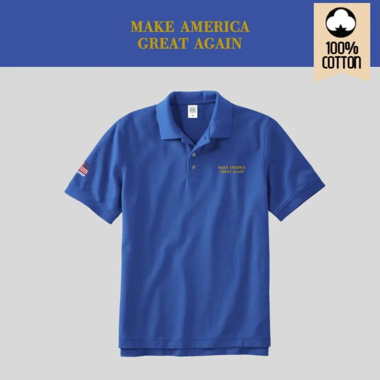 [MAGA 2025]刺繍ロゴ コットン100%ポロシャツ[半袖][青/金][PSMG-01]