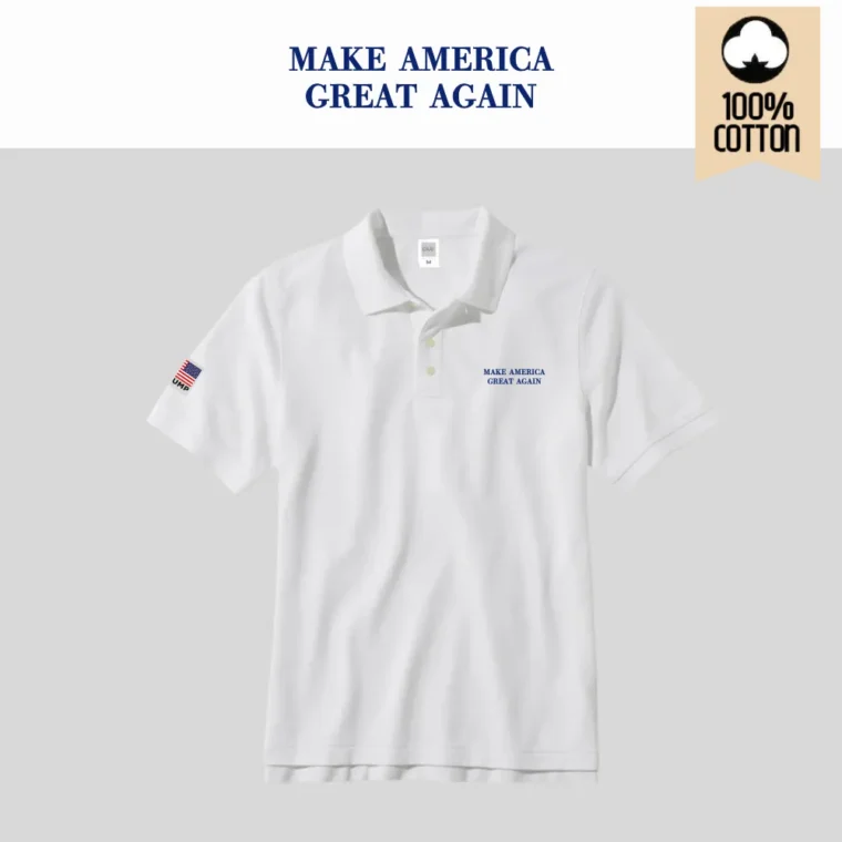 [MAGA 2025]刺繍ロゴ コットン100%ポロシャツ[半袖][白/青][PSMG-01]