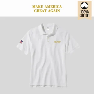 [MAGA 2025]刺繍ロゴ コットン100%ポロシャツ[半袖][白/金][PSMG-01]