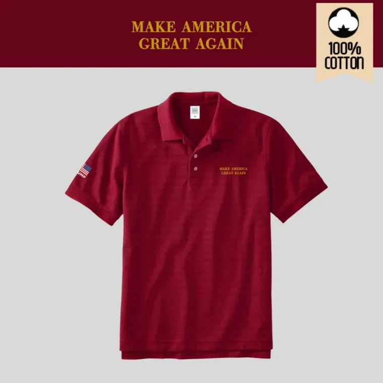 [MAGA 2025]刺繍ロゴ コットン100%ポロシャツ[半袖][ワインレッド/金][PSMG-01]